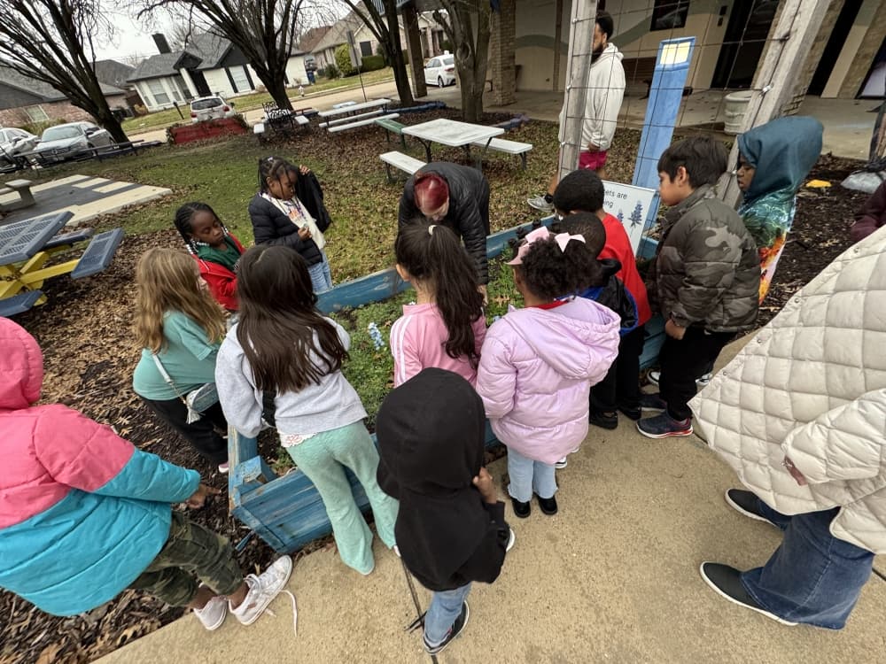 Children planting items in a raised flower garden with adults looking on. 