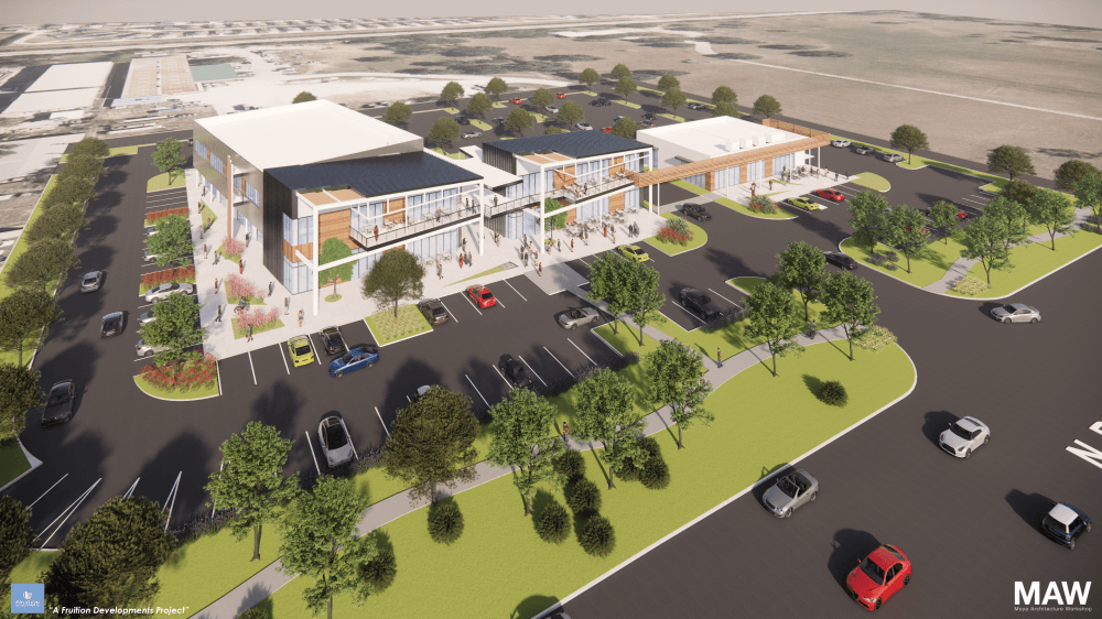 A rendering of a shopping development. 