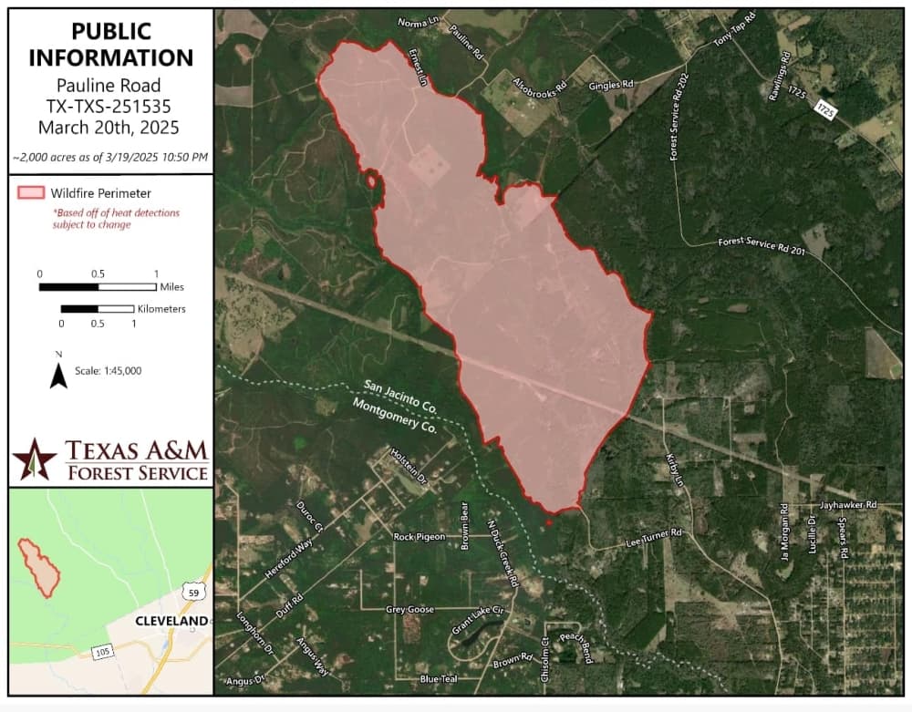 A map of the Pauline Road Fire as of 10:50 a.m. March 20 is shown here. (Courtesy Montgomery County Fire Marshal's Office) 