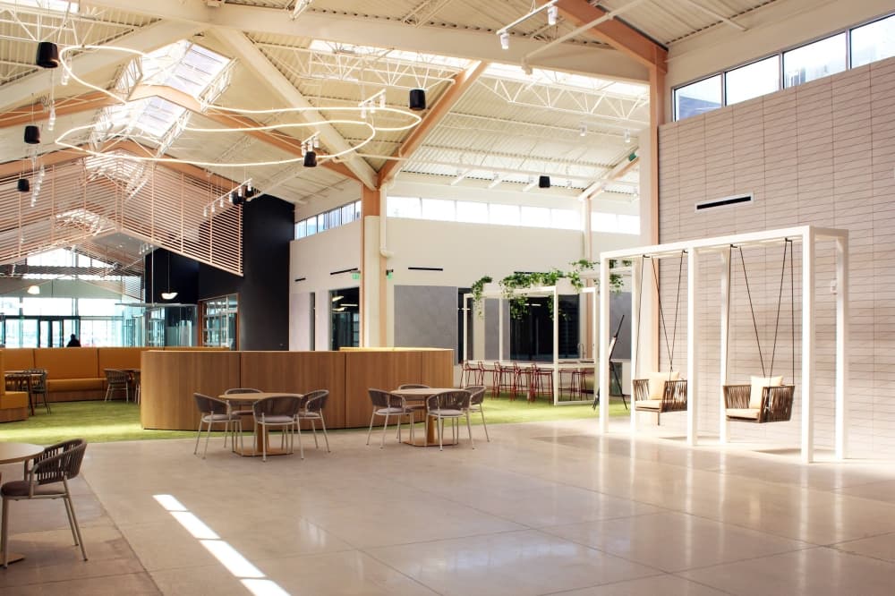 Interior of building with swinging chairs and grouped furniture. 