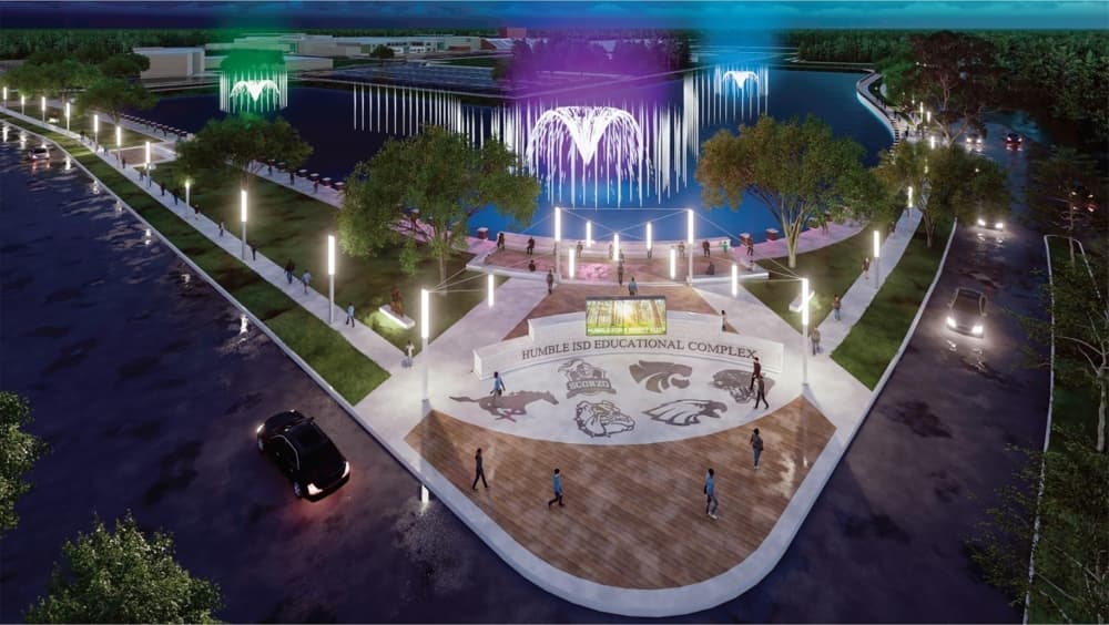 According to a previously approved design, a planned detention pond near Turner Stadium in Humble would have doubled as a community park and included three fountains. However, price increases associated with the project have caused trustees to reconsider the design. (Rendering courtesy Humble ISD)
