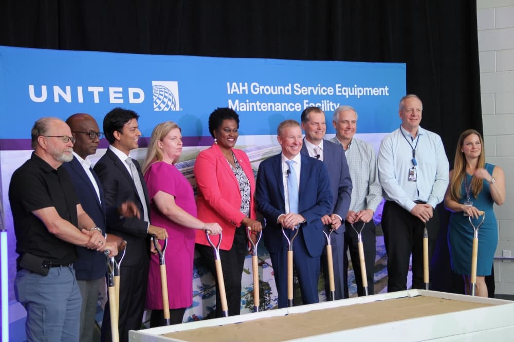 City of Houston, United Airlines and Houston Airport System officials gathered March 25 for a groundbreaking ceremony celebrating the start of construction on United Airline's upcoming $177 million,140,000-square-foot Ground Service Equipment Maintenance Facility at George Bush Intercontinental Airport. (Wesley Gardner/Community Impact)