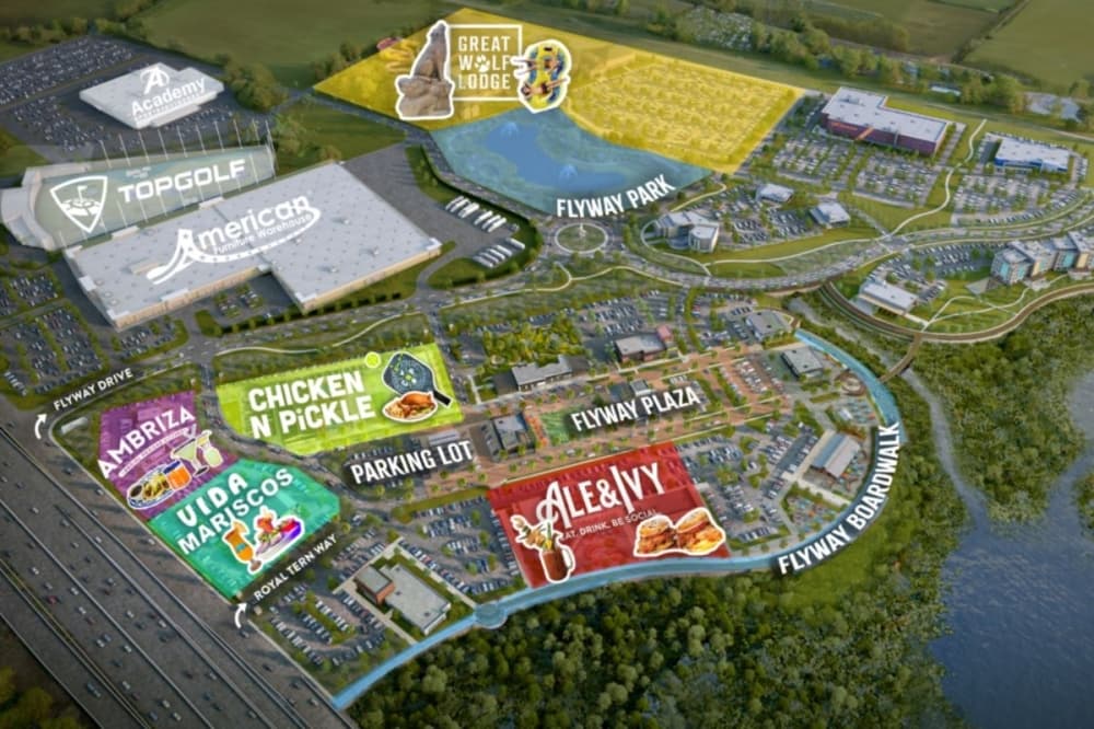 Officials aim for the Flyway development to be an entertainment, shopping and dining destination, as well as an environmental and pedestrian-friendly outpost. (Courtesy Flyway)