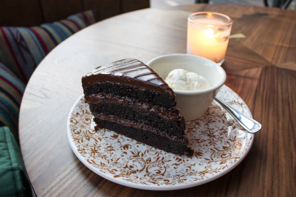 An image of the chocolate cake served at the restaurant. 