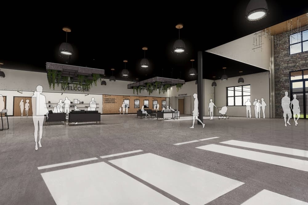 Rendering of the interior of a church with a large empty space. 