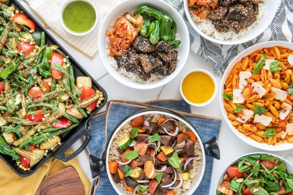 Meat, pasta, rice, veggies