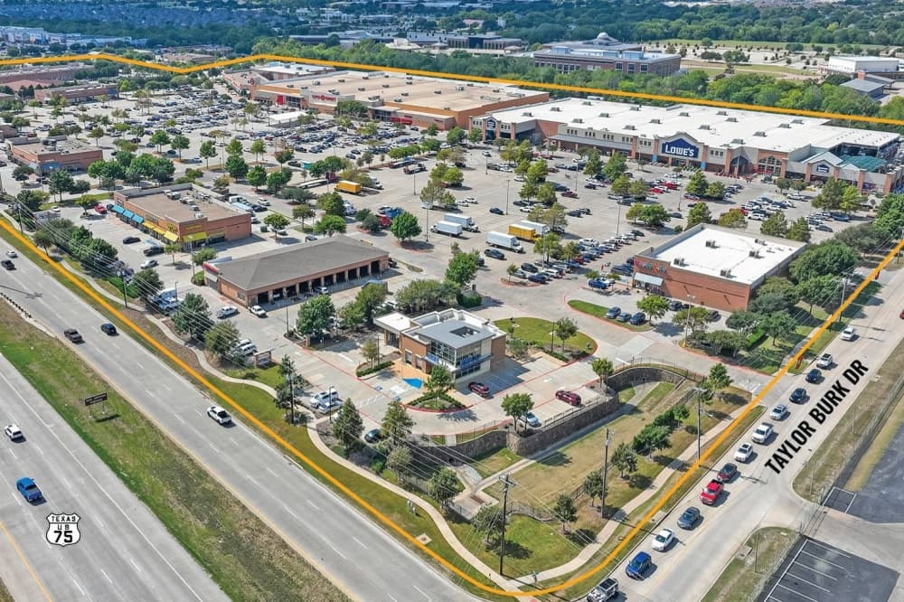 Aerial photo of a shopping center. 