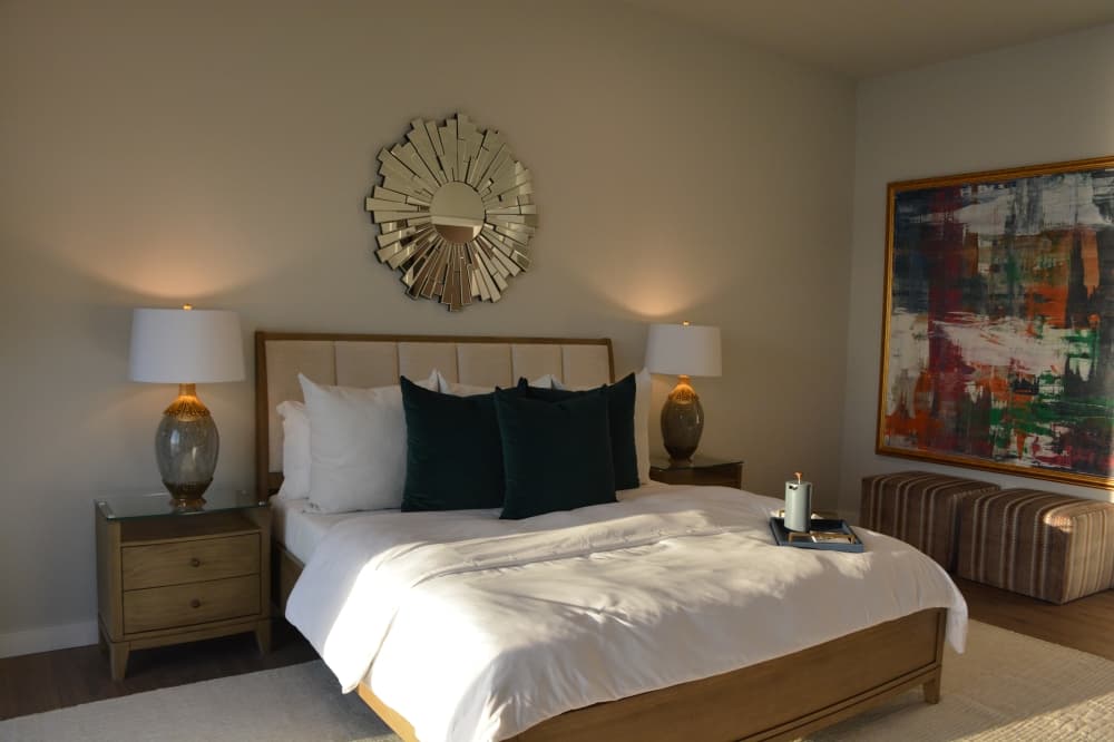 One of the penthouse apartment bedrooms provides a view of Lake Grapevine from the top floor of Thirty-One Eleven Sunset. 
