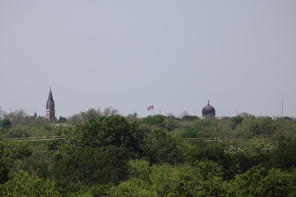 The Williamson County Commissioners Courtroom has a view of the historic courthouse's dome in the skyline. 