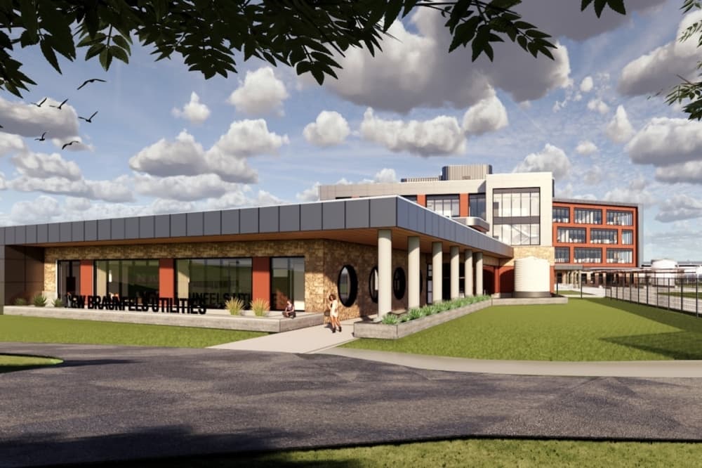 A rendering of NBU's visitor entry at its future headquarters. (Rendering courtesy New Braunfels Utilities)