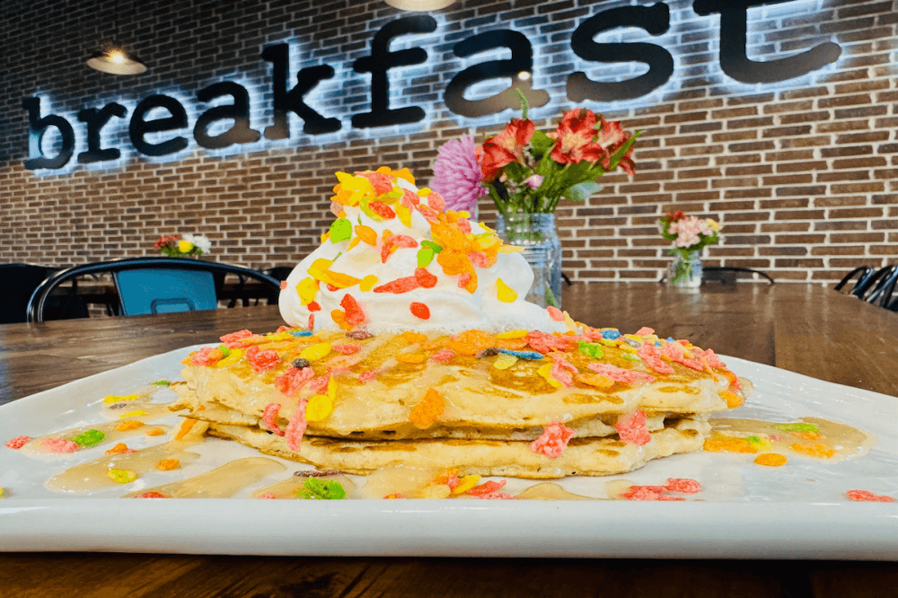 April's "pancake of the month" was fruity pebble with cereal milk drizzle ($14.99). (Courtesy breakfast.)