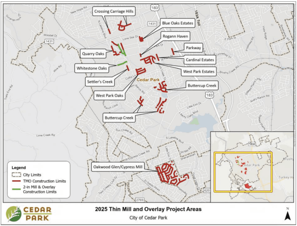 A map with highlighted roads showing where the projects will take place. 