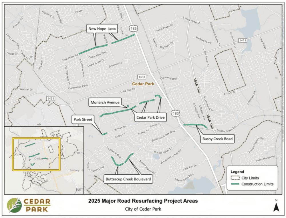 Map with highlighted roads showing the location of projects. 