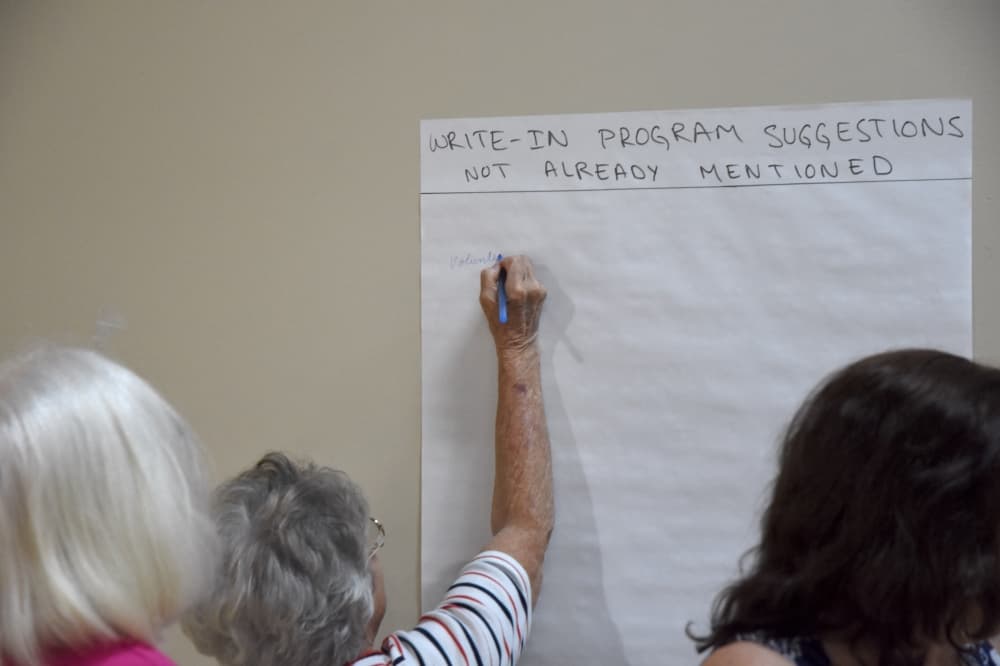 A woman writes a recommendation on a large poster on a wall. 