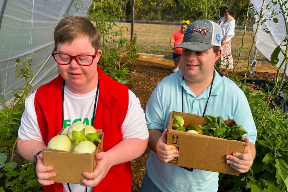 Two people holding boxes of produce in a vegetable garden. 