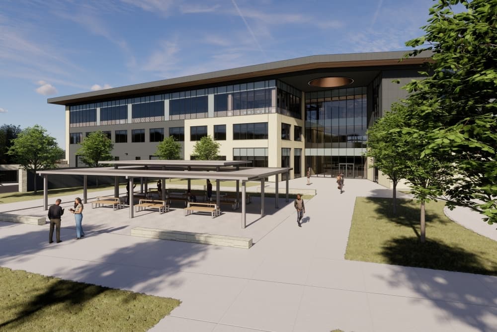 The Williamson County Administration Building's south exterior back plaza. 