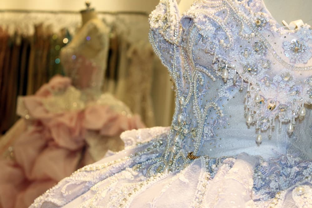 Close up of bodice of a gown with intricate beads and embroidery. 