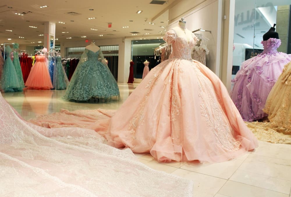 Quincenara gowns in a store. 