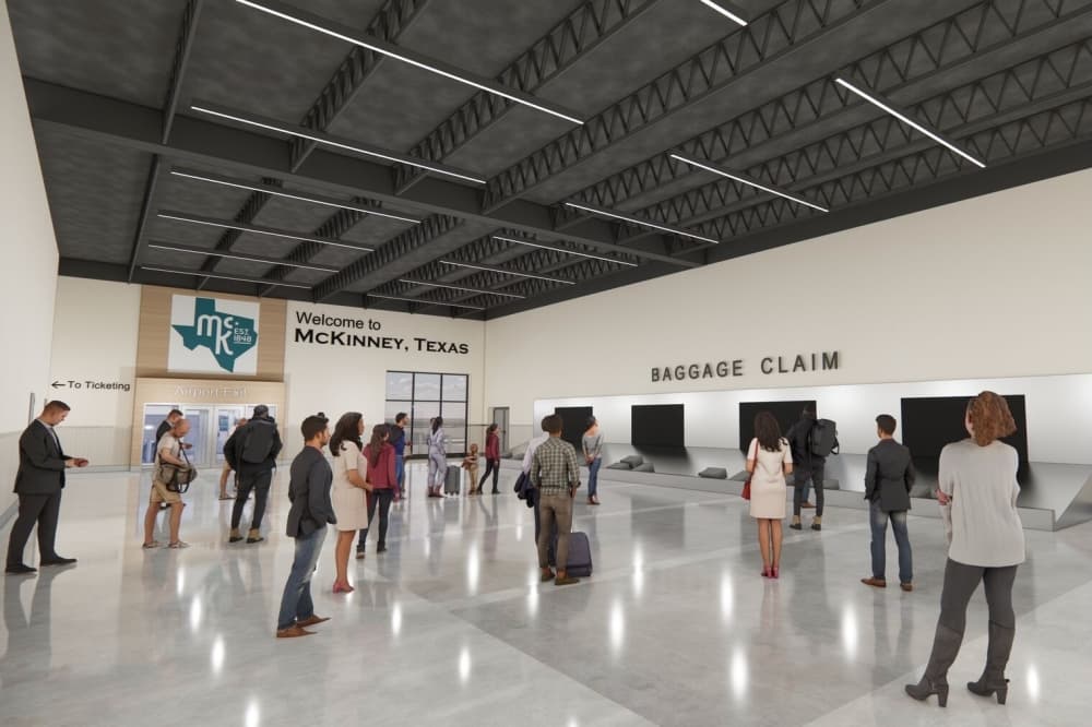 Rendering of people standing around a baggage claim area at the McKinney National Airport passenger terminal.