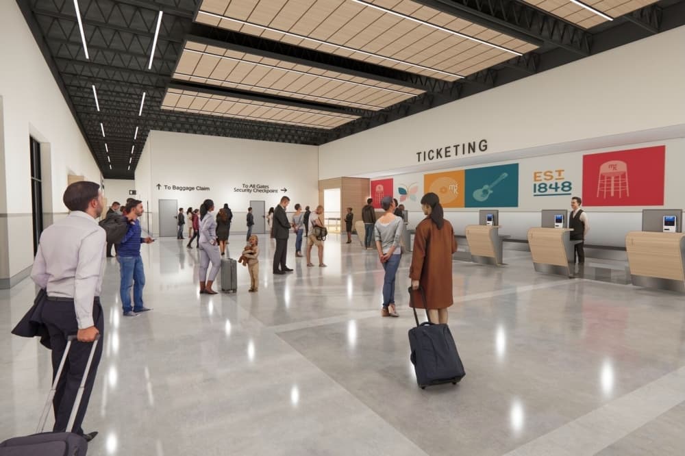 Rendering of people standing in line for flight tickets at the McKinney National Airport's passenger terminal.
