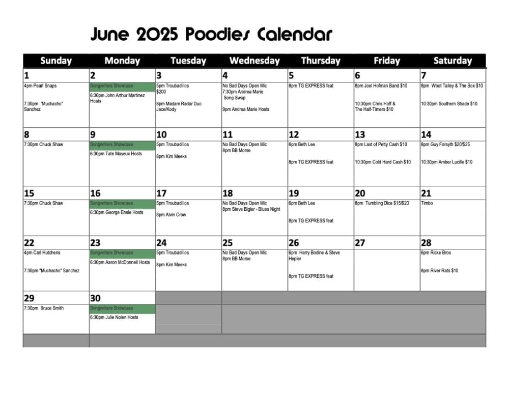calendar view of poodie's events