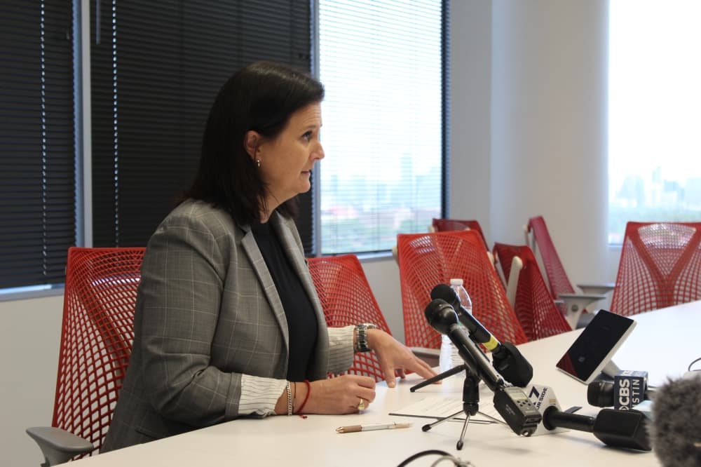A woman speaks at a press conference