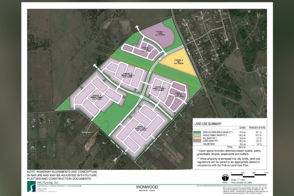 The preliminary concepts for the Ironwood Development project within Bastrop's extraterritorial jurisdiction include single-family houses and townhomes. Current Bastrop residents said they are concerned about the development's boundary lines and the proximity to their property. (Courtesy city of Bastrop)