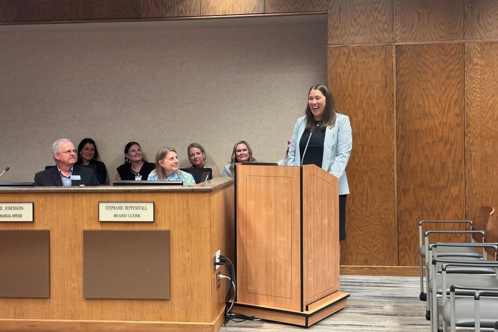 Brooke Teeter-Stocz gives a small speech at the May 19 board meeting after the board of trustees unanimously approved her as the Grapevine Elementary School principal.