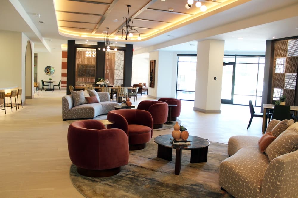 Interior of a lounge in an apartment complex. 