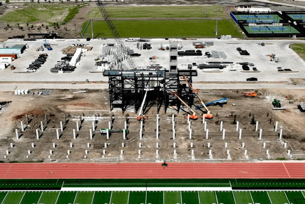 An aerial shot of a stadium grandstand under construction