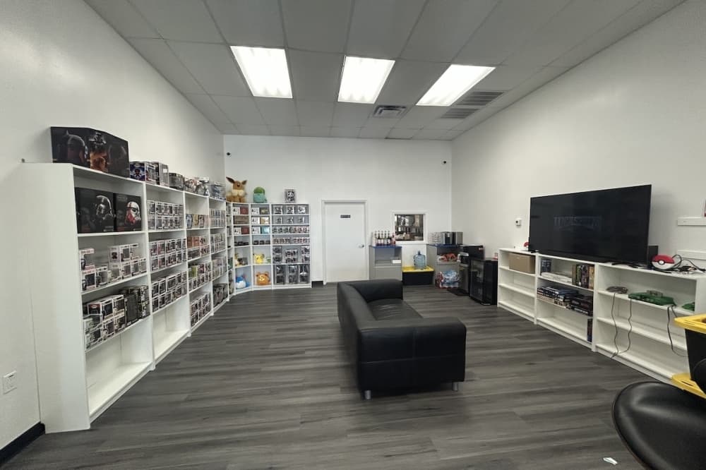 A lounge area at a collectibles store is shown in Schertz, Texas.