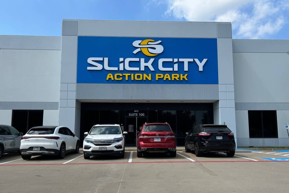 Exterior of building with Slick City Action Park signage. 