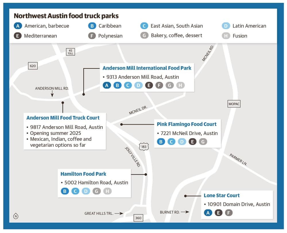 map of different food truck parks and types of food they serve 