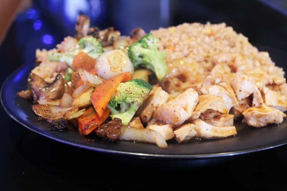 The Chicken and Shrimp Combo Hibachi ($32) features chicken breast and teriyaki shrimp served with fresh grilled vegetables and a choice of fried rice, steamed rice or fried noodles. (Karen Chaney/Community Impact)