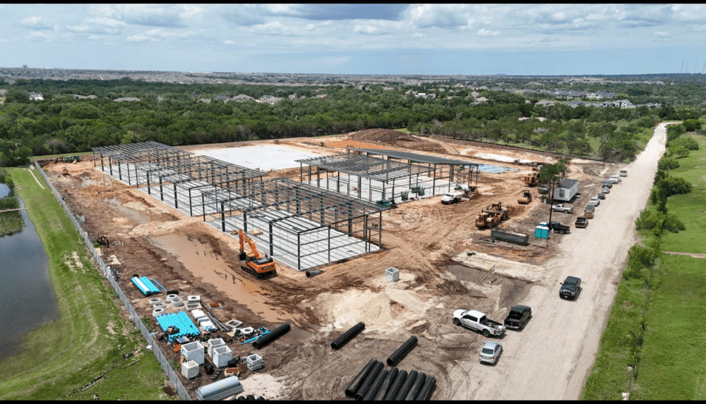Drone shot of construction of warehouses for sale in Austin