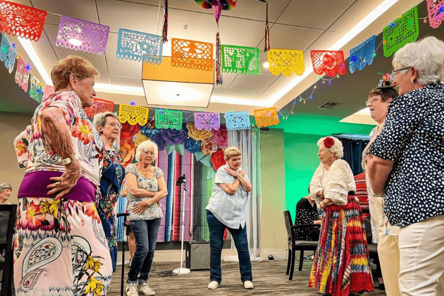 Active seniors participating in Cinco De Mayo party and other events for active adults at Solana Preserve. 