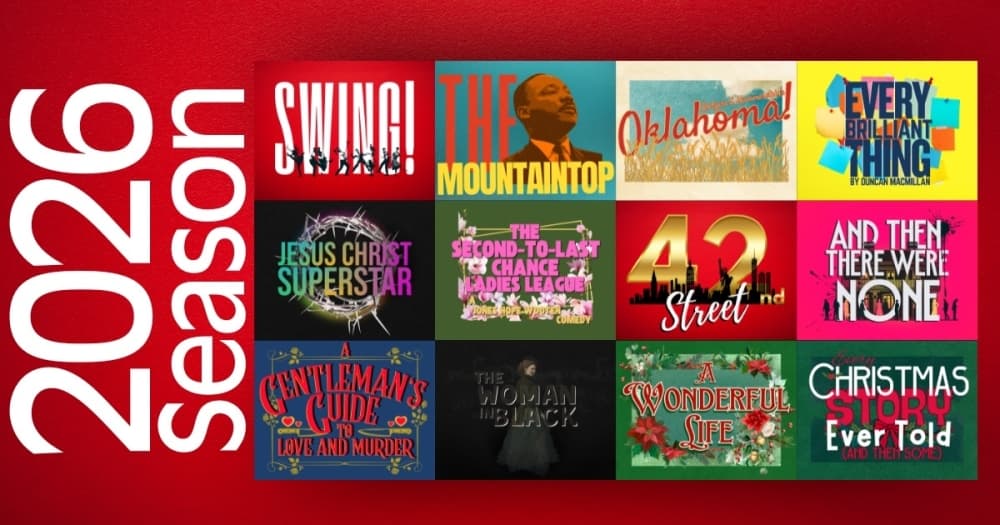Poster with red background and square promotional images of the 12 performances announced for the season with "2026 Season" in on white on the left side of the image. 