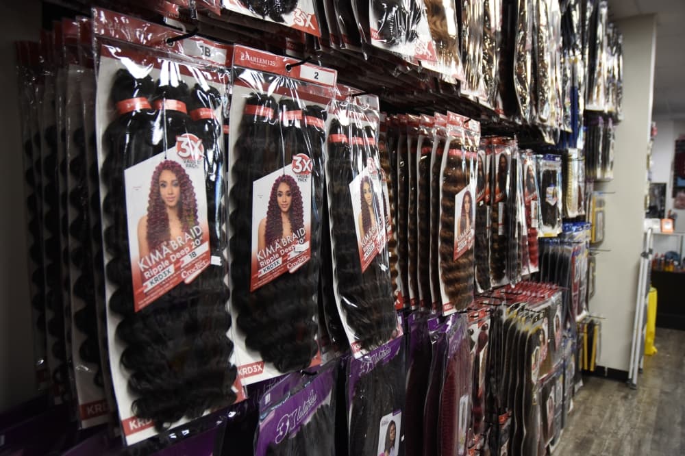 A wall of hair extensions at Leander Beauty Supply. 