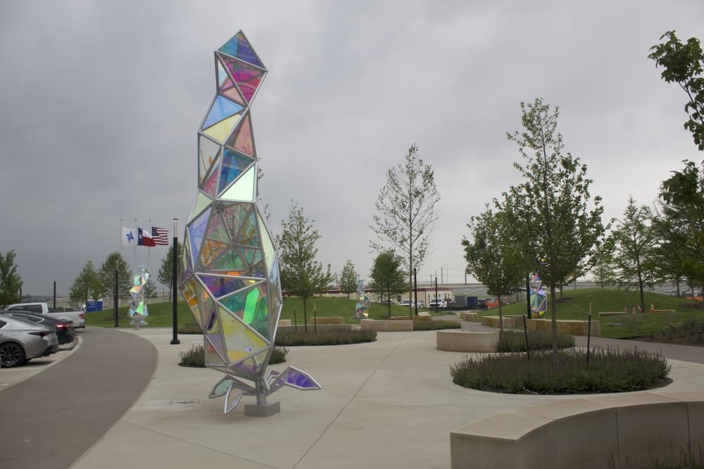 At the entryway into the hospital, there is an art installation of tall glass bluebonnets. (Samantha Douty/Community Impact)