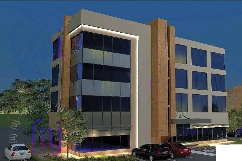 Rendering of a four story office building. 