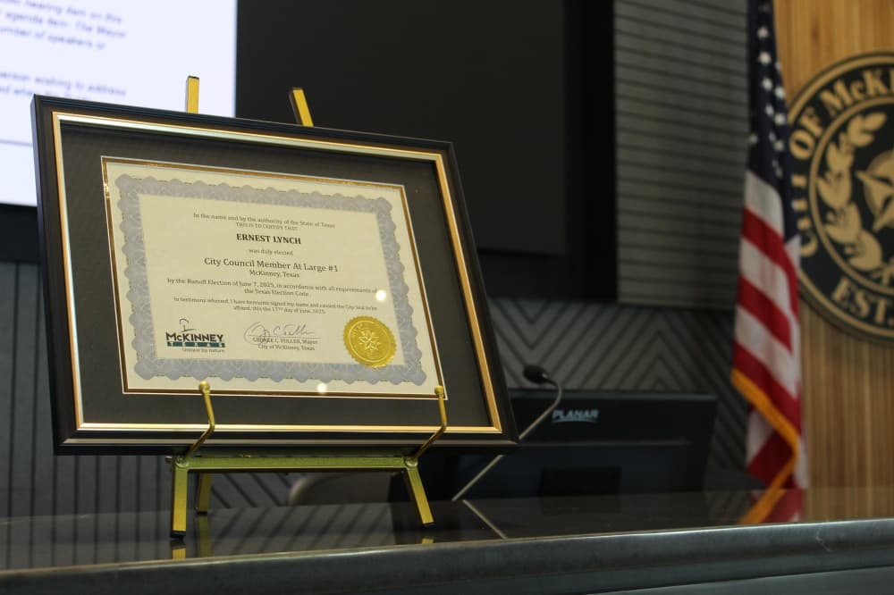 A certificate commemorating council member Ernest Lynch's election to McKinney City Council.