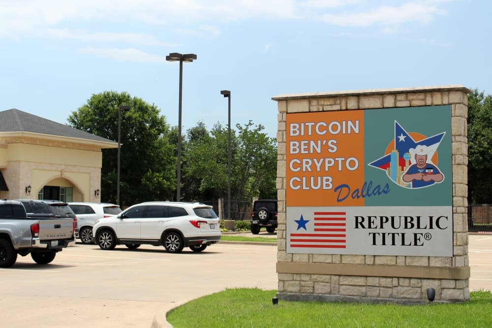 Marquis sign featuring Bitcoin Ben’s World Ventures lettering. 