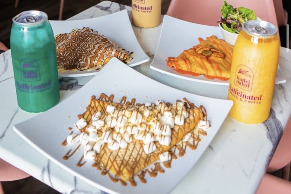 The shop serves an assortment of crepes, including mixed fruit, triple chocolate, caramel, dulce de leche, s’mores, and cookies and cream, among other flavors. (Courtesy Kaffeinated)