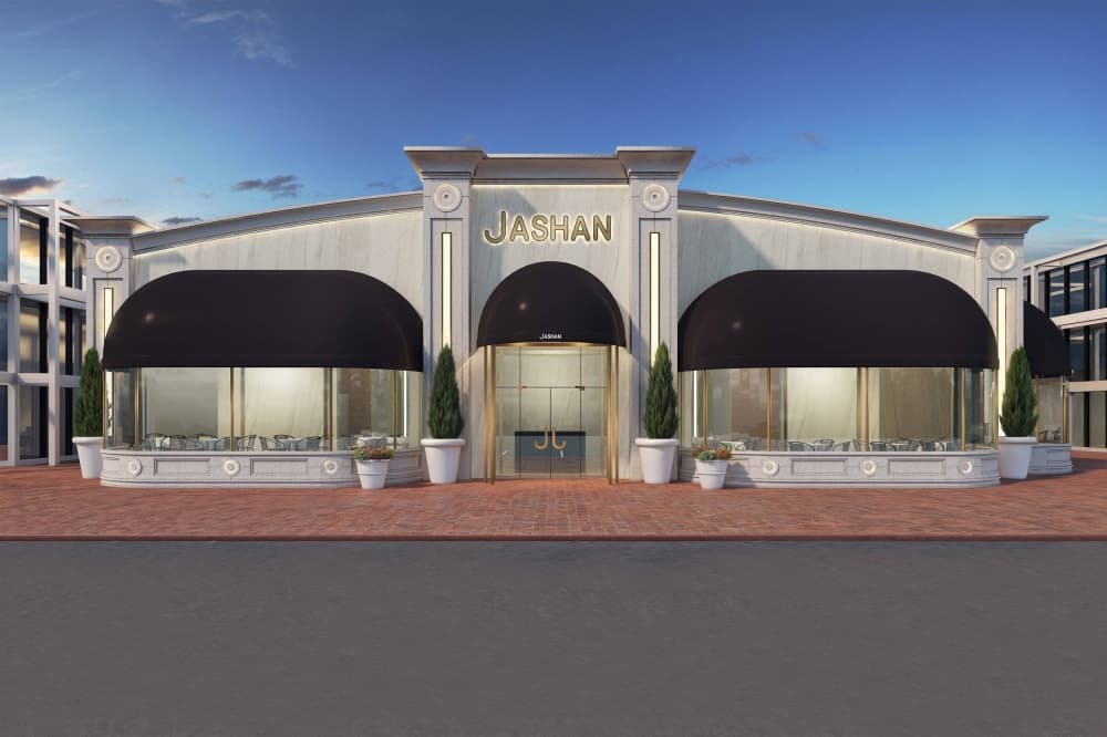 Rendering of the exterior of a restaurant with Jashan signage. 