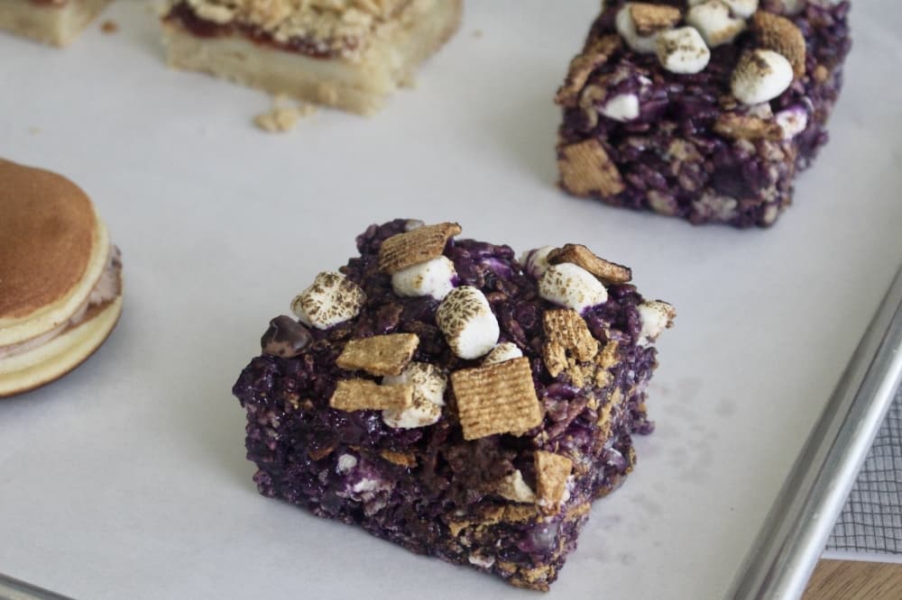 One of Hom-Yern’s new flavors is a ube smores rice cereal treat.
