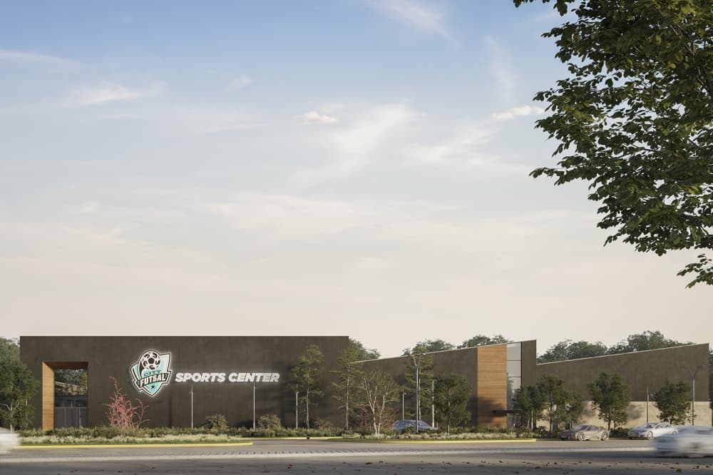 A rendering of a building to be used as a sports center.