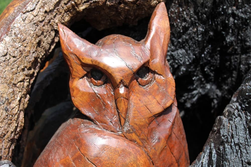 Owl carved in wood sitting in a bigger wooden sculpture. 