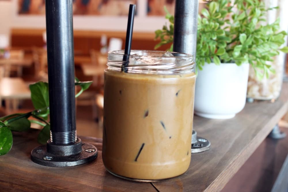 Iced coffee in a glass cup. 