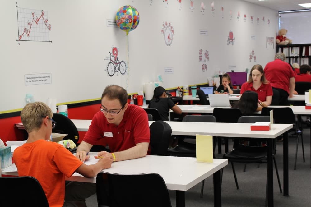 Wide shot of the different tables in the classroom