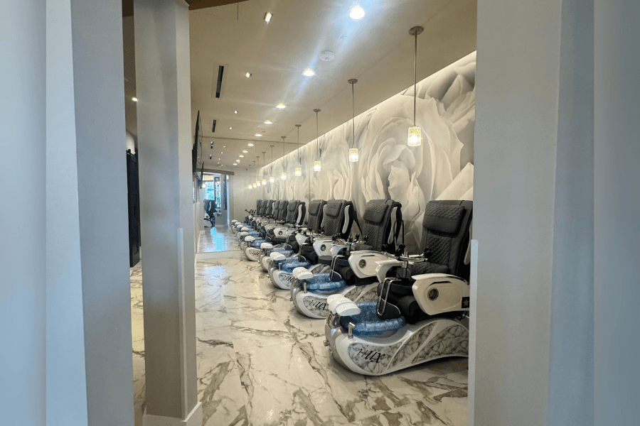 Pedicure chairs at Houston nail salon that does 2025 nail trends